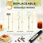 YUSWKO Black Handheld Milk Frother Wand for Coffee, Rechargeable Electric Whisk with 3 Heads 3 Speeds Drink Mixer Coffee Frother For Latte, Cappuccino, Hot Chocolate, Egg