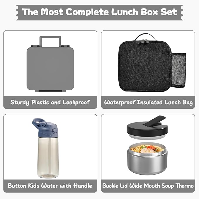 Kids Bento Lunch Box with 8oz Soup Thermo, Water Bottle, Kids Leakproof Lunch Food Containers with 4 Compartment, Insulated Hot Food Jar with Lunch Bag for School, Trvael (Black)