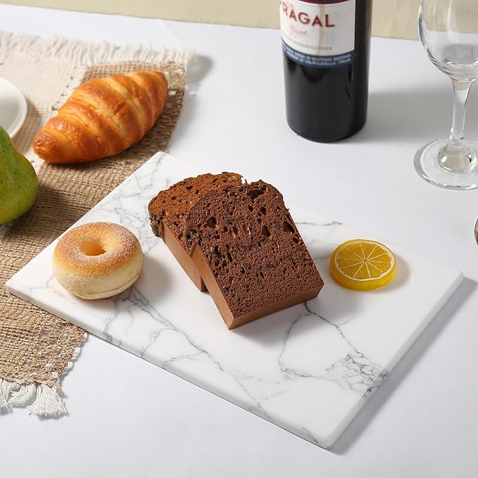 Koville Italian Natural Marble Cutting Board for Kitchen Pastry Bread Macaron Display, 12" x 8" Real Stone Slab Marble Cheese Board for Counter, Bathroom Perfume Tray Candle Plate (Arabescato)