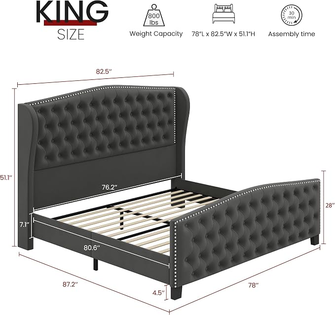 BRELTAM Upholstered King Size Bed Frame Velvet Tufted Bed Frame - Image 2
