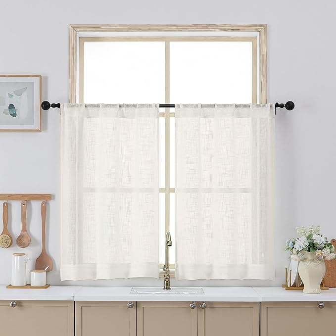 Chyhomenyc Ivory Semi Sheer Curtains 36 Inch Length, Light Filtering Faux Linen by Chyhomenyc