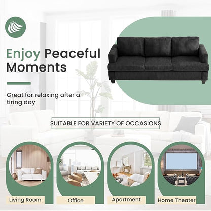 3 Seater Corduroy Couch for Living Room, 89” Black Cloud Sofa, Deep Seat Floor - Image 6