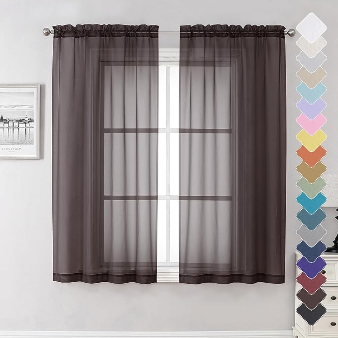 Sheer Curtains 63 Inch Length 2 Panels Set, Chocolate Window Curtains by Lecloud