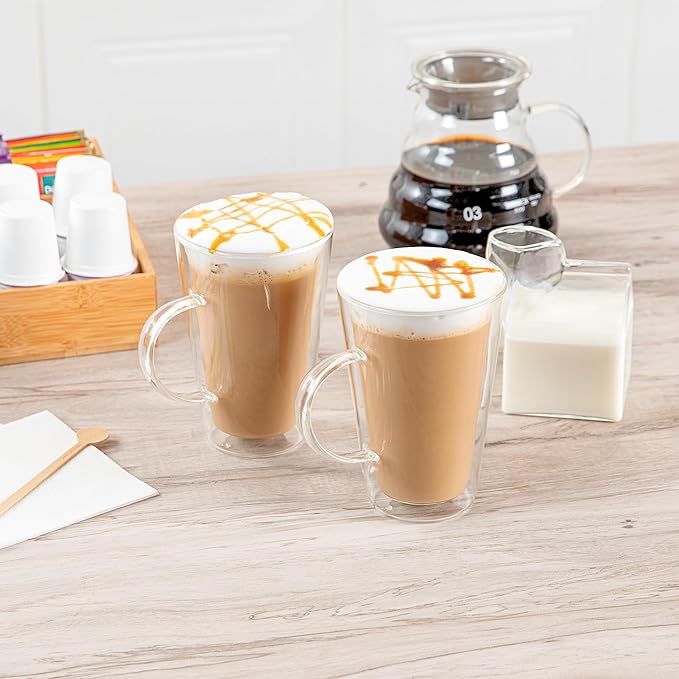 Restaurantware-Forma Professional 13.5 oz Double Wall Glass Mugs, 12 Insulated Coffee Mugs With Handle - Dishwashable, Reusable, Clear Glass Beverage Cups, Freezable, For Hot Or Cold Beverages