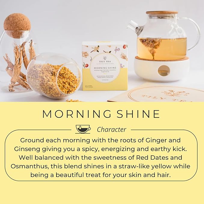 Tily Tea Morning Shine Breakfast Tea - Natural Herbal Tea for Focus and Energy - Ginger and Gingseng - Caffeine Free - 10 Plastic-Free Tea Bags
