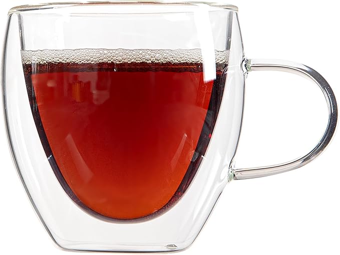 Restaurantware-Forma Professional 5.1 Ounce Glass Coffee Cups, 2 Insulated Coffee Cups With Handle - Dishwashable, Reusable, Clear Double Wall Beverage Tumblers, Freezable, For Hot Or Cold Beverages