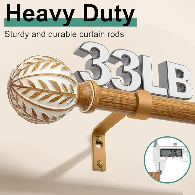 QDWIS Boho Wood Curtain Rods for Windows 66 to 120 inch, Rustic Decorative - Image 4