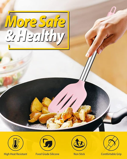 Pack of 4 Silicone Cooking Utensils Set, Non Stick Large Solid Spatulas, Heat Resistant Pink Slotted Spoons, Ideal BPA Free Kitchen Turners for Frying, Mixing,Serving,Draining,Turning,Stirring