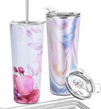 THILY Stainless Steel Vacuum Insulated Tumbler 26 oz Triple-Insulated Travel Mug with Splash-Proof Lid, for Iced Coffee and Hot Beverage, Pink Ripple + Lotus Flower