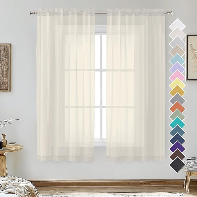 Cream Sheer Curtains 63 Inches Long 2 Panels by OVZME