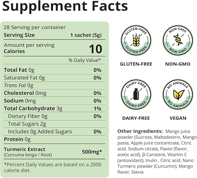 Nano Turmeric Curcumin Drink Powder, Golden Juice for Wellness & Immunity, No Turmeric Taste, Add to Smoothies/Water Daily Morning Routine–35X Absorption–Mango Flavor–Joint Support Supplement