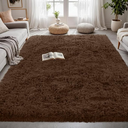 5x7 Fluffy Shag Area Rugs for Living Room Bedroom: Soft Plush Carpet Brown | - Image 4