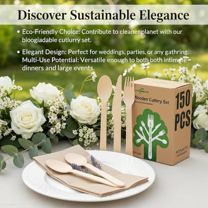(150 Count) Disposable Wooden Cutlery Set - Alternative to Plastic, Eco Friendly, Biodegradable, Compostable Cutlery Set - 50 Wood Spoons, 50 Wooden Knives & 50 Wooden Forks Disposable Utensils Set