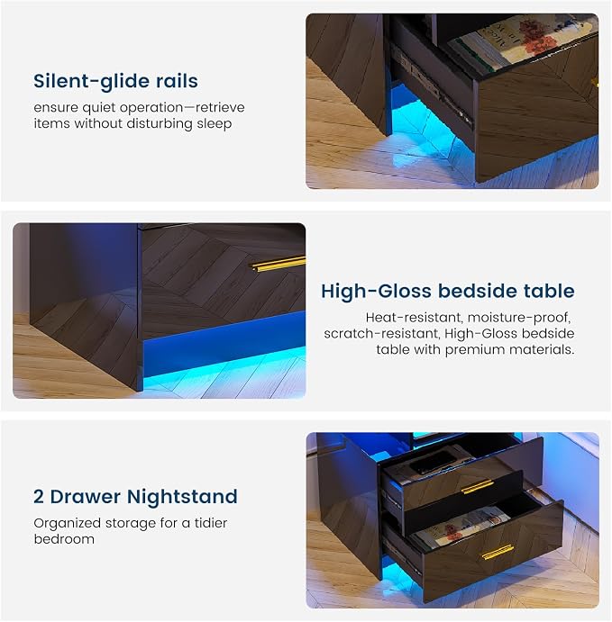 HNEBC Nightstand Set of 2 with Charging Station, Auto LED Night Stand with - Image 6