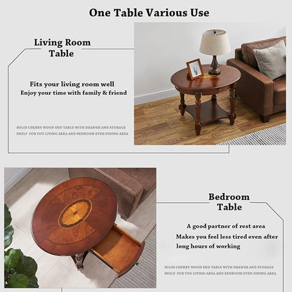 Solid Wood Oval End Table with Drawer and Storage Shelf, Traditional Vintage - Image 5