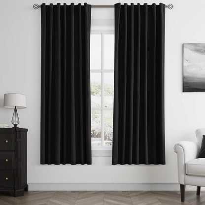 Black 100% Blackout Linen Curtains 63 Inch Length 2 Panels Set by Guken