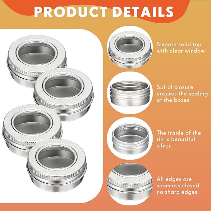 Zubebe 50 Pcs Aluminum Tin Jar Refillable Containers Clear Top Screw Lid Round Tin Container Bottle for Cosmetic, Cream, Diamond Painting, Salves, Balms, Lip Balm, Spices or Others, Silver (1 oz)