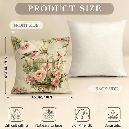 OBSEDE Vintage Throw Pillow Covers Set of 2, 18x18 Inch Pink Rose and Bird Print - Image 3