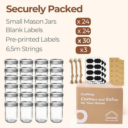 ComSaf Small Mason Jars 8 oz, 24Pcs Regular Mouth Canning Jars, 8 ounce Glass Jar with Lid for Jams, Sauces, Jellies, Spices, Self-Made Gift, DIY Candles Decor, Wedding & Baby Shower Favors