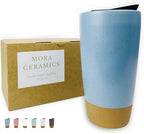 Mora Double Wall Ceramic Coffee Travel Mug with Lid, 14 oz, Portable, Microwave, Dishwasher Safe, Insulated Reusable Tall Cup, Splash Resistant Lid - To Go Tumbler for Car Cup Holder, Dusty Blue
