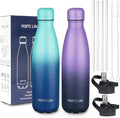 Insulated Water Bottle, 2 Pack-17oz Stainless Steel Water Bottles with straw lid, Metal Sports Water Bottles for Boys,Girls, Double Wall Vacuum BPA-Free Flask for School (Purple-Ocean Dream)