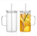 26oz Large Ribbed Glass Tumbler with Handle and Lid - Set of 2, Clear Glass Cups with Reusable Straws, Vertical Striped Design - Perfect for Iced Coffee, Tea, Smoothies, and Cocktails