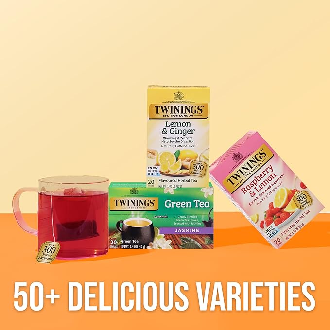 Twinings Raspberry & Lemon Herbal Tea Individually Wrapped Bags, 20 Count (Pack of 6), Fruity & Zesty, Naturally Caffeine-Free, Enjoy Hot or Iced, 120 Teabags