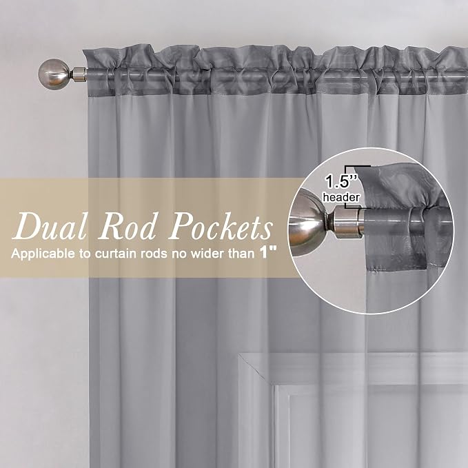 Charcoal Grey Sheer Curtains 14 Inch Length 2 Panels Set, Light Reducing Short - Image 3
