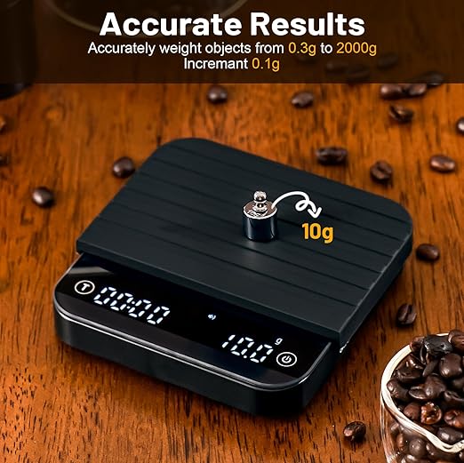 KitchenTour CaféMetric Coffee Scale with Timer 0.1g/2000g - Precision Small Scale for Espresso & Pour Over - Mini Scale with Rechargeable Battery, LCD Display - Black