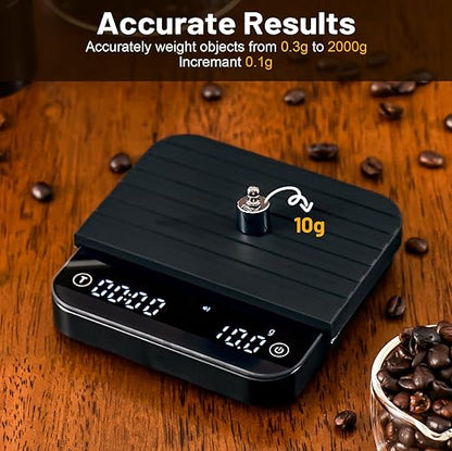KitchenTour CaféMetric Coffee Scale with Timer 0.1g/2000g - Precision Small Scale for Espresso & Pour Over - Mini Scale with Rechargeable Battery, LCD Display - Black