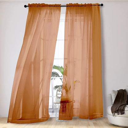 2 Panels Solid Color Orange Sheer Curtains 96 Inches Long, Elegant Window Voile by OVZME
