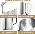 Milk Frothing Pitchers 20 oz, Stainless Steel Espresso Steaming Pitcher with Decorating Pen Coffee Milk Frother Cup with Scale Cappuccino Latte Art Barista Steam Pitchers Milk Frother Cup