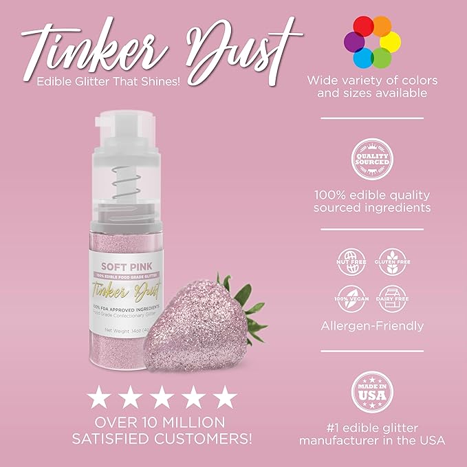 Bakell - Soft Pink Tinker Dust (4g, 1x Mini Spray Pump) Edible Glitter for Food, Desserts, and Beverages!
