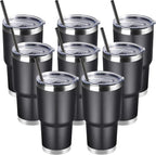 DOMICARE 30oz Tumbler Bulk with Lid and Straw, Double Wall Travel Coffee Mug, Insulated Vacuum Stainless Steel Tumblers, Powder Coated Tumbler Cup (Black, 8)