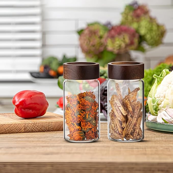 Large Glass Coffee Jars, Round Storage Canister with Wooden Lid Clear Glass Food Jar for Pantry Sugar Tea Coffee Bean Spice Nuts Cookies Bath Salts (4×250ml(8.4oz))