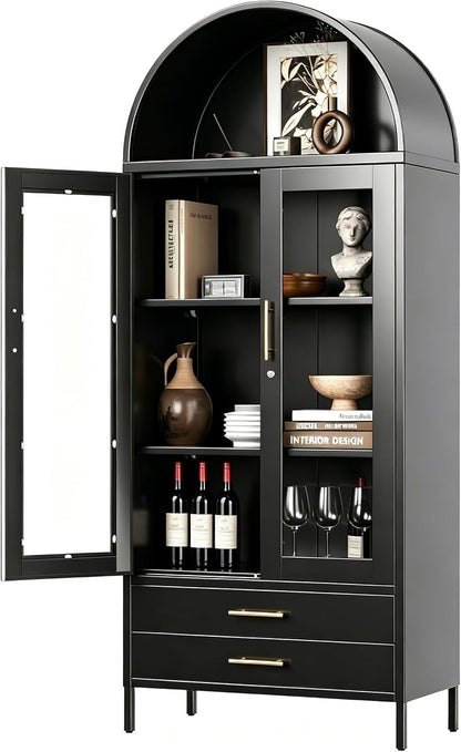 73" Tall Display Cabinet with Glass Doors and 2 Drawers, Metal Arched Cabinet - Image 7