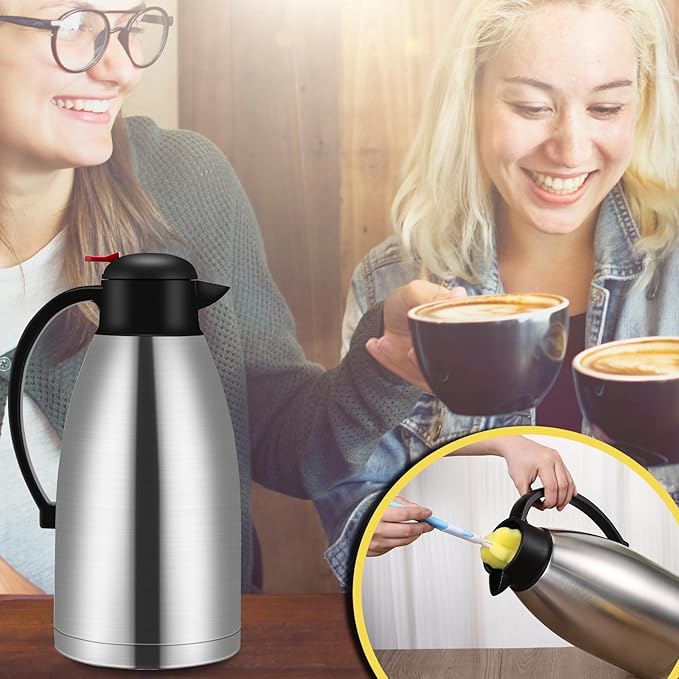 Nuogo 2 Pcs 102 oz Thermal Coffee Carafe Insulated Stainless Steel Carafe Double Walled Vacuum Coffee Thermal Pot with Brush for Home Office Use Keep 24 Hours Hot Water Tea(Silver)