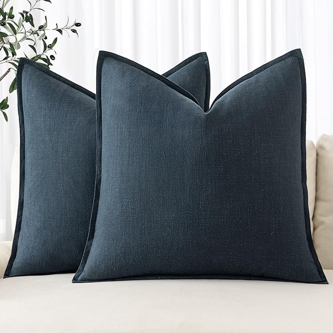 MIULEE Decorative Linen Euro Sham Pillow Covers 24x24 Deep Blue | Boho by MIULEE