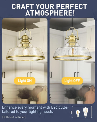 kudos 2 Pack Gold Pendant Lights Kitchen Island, 11" Brass Kitchen Island Lighting with Seeded Glass, Farmhouse Hanging Light Fixture for Kitchen Sink Dining Room Hallways, KDPL13-GD-S-2PK