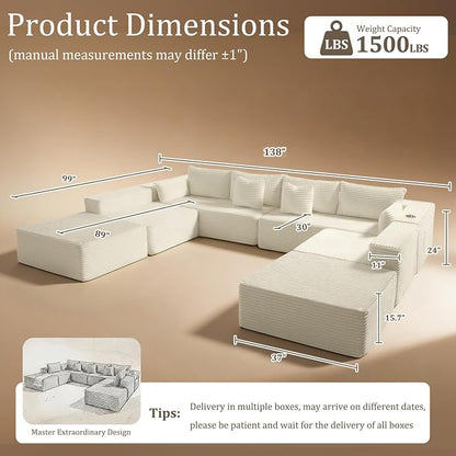 138" Cloud Sectional Couch, Comfort U Shaped Sofa - Image 2