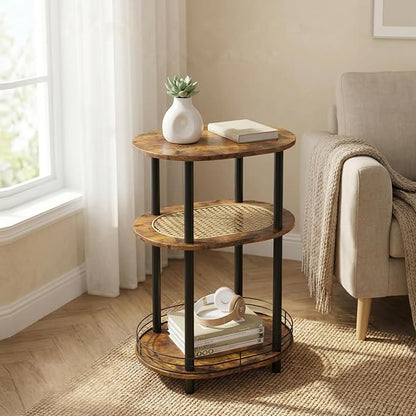 Small Rattan Side Table with Storage, 3 Tier Round/Oval End Table with Rattan by BITYODD-HOME