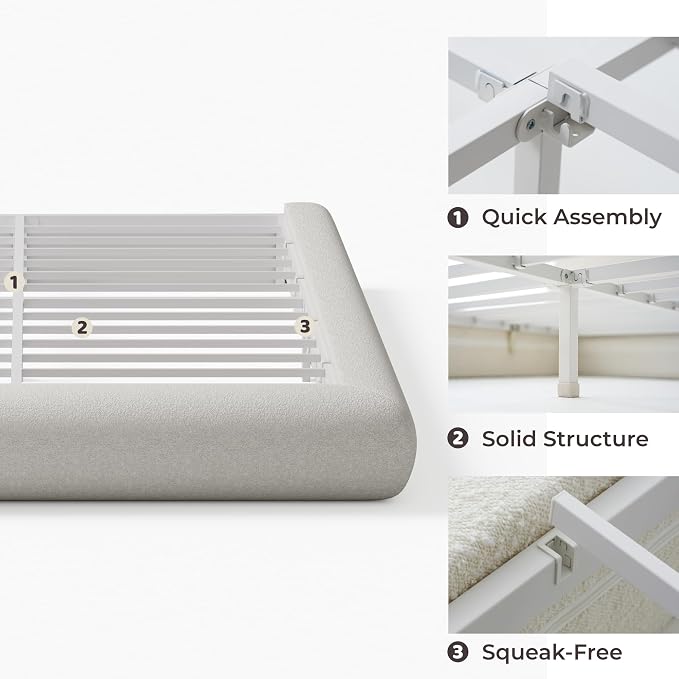 RECCI AirFrame Half-Moon Upholstered Full Platform Bed Frame, Boucle Curved - Image 8