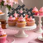 24Pcs Bow Cupcake Toppers - Black Bow Cake Topper Birthday Decorations, Bowknot Cupcake Picks for Coquette Bow Theme Party Decoration Bachelorette Bridal Engagement Wedding Baby Shower Party Decor