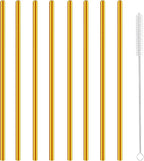 Stainless Steel Straws Metal Reusable Drinking Straw for Juice Iced Coffee Cold Beverage Water Highball Glasses 20oz Tumblers Mugs Cups, 0.24" 6mm Wide 215mm Long, Set of 8 with Brush, Gold