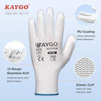 KAYGO Safety Work Gloves PU Coated-12 Pairs, KG11PB, Seamless Knit Glove with Polyurethane Coated Smooth Grip on Palm & Fingers, for Men and Women, Ideal for General Duty Work (Small, White)