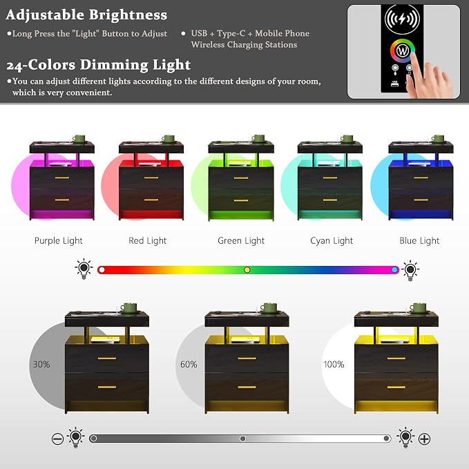 HNEBC Auto LED Nightstand with Wireless Charging Station & USB Ports, High - Image 5