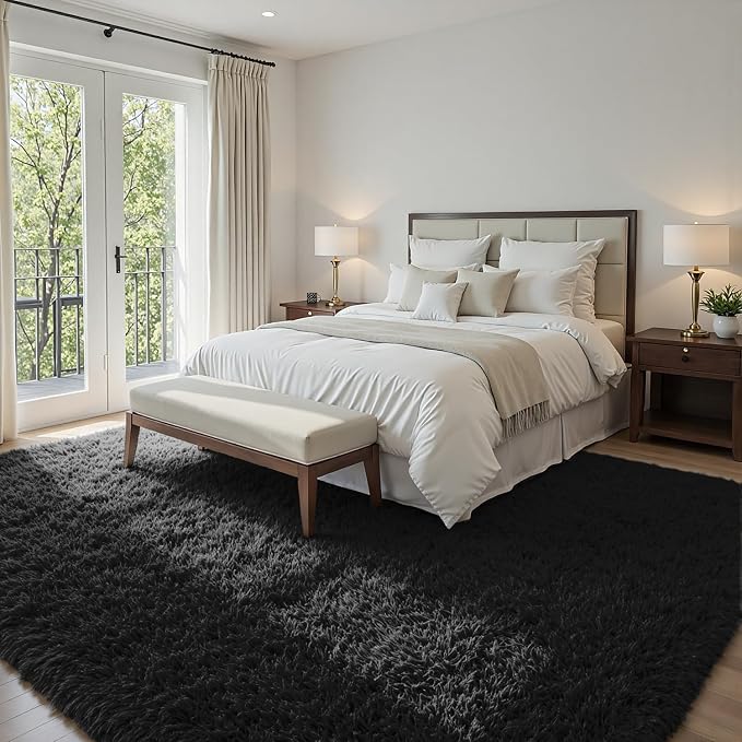 4x6 Fluffy Shag Area Rugs for Living Room Bedroom: Soft Plush Carpet Black | - Image 2