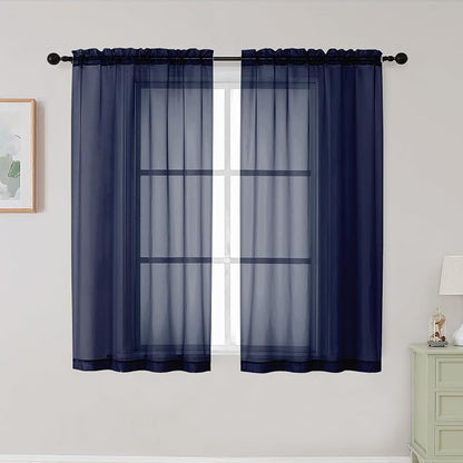 Navy Blue Sheer Curtains for Bedroom Living Room 45 Inch Length 2 Panels by WelvetBLK