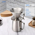Pour Over Coffee Maker Set, 304 Stainless Steel wIth 100 pcs Size 02 Cone Paper Filters & 600ml Milk Frothing Pitcher, for Home & Camping