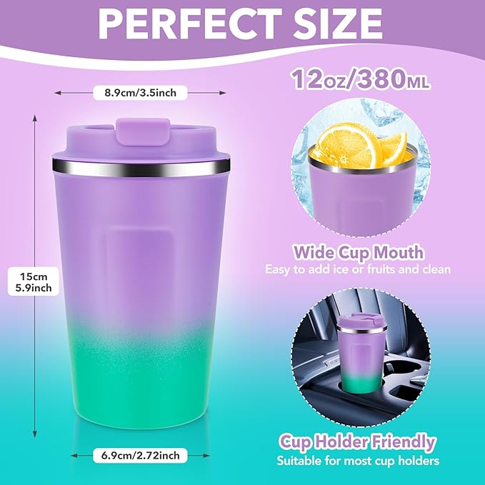Volhoply 12 oz Double Wall Insulated Vacuum Travel Coffee Mug with Flip Lid Bulk 4 Pack,Reusable Stainless Steel Leak Proof Coffee Cup,Portable Thermal Tumbler for Hot&Cold Drinks(Purple Green,4 Set)